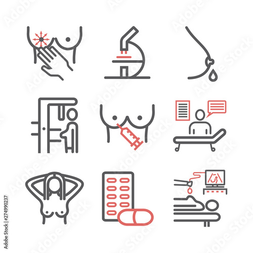 Breast Cancer. Symptoms, Causes, Treatment. Line icons set