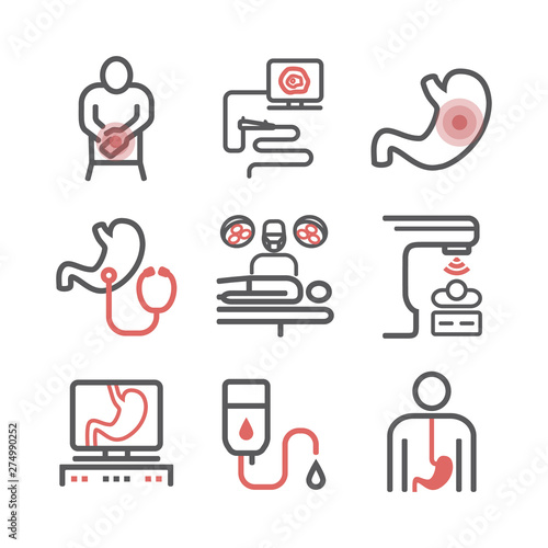 Stomach cancer line icons. Symptoms and diagnosis. Medical infographics.