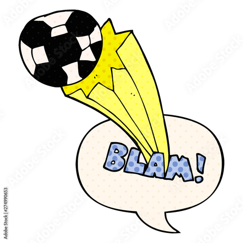 cartoon kicked soccer ball and speech bubble in comic book style