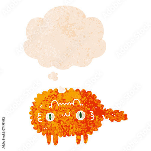 cartoon cat and thought bubble in retro textured style