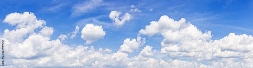 Panorama of a summer sky with fanciful cumulus clouds Panorama of a summer sky with fanciful cumulus clouds