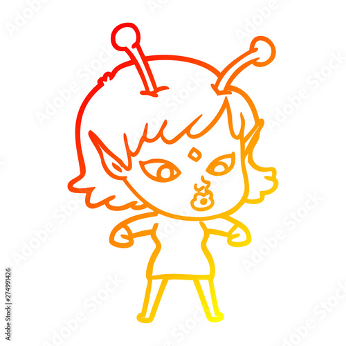 warm gradient line drawing pretty cartoon alien girl