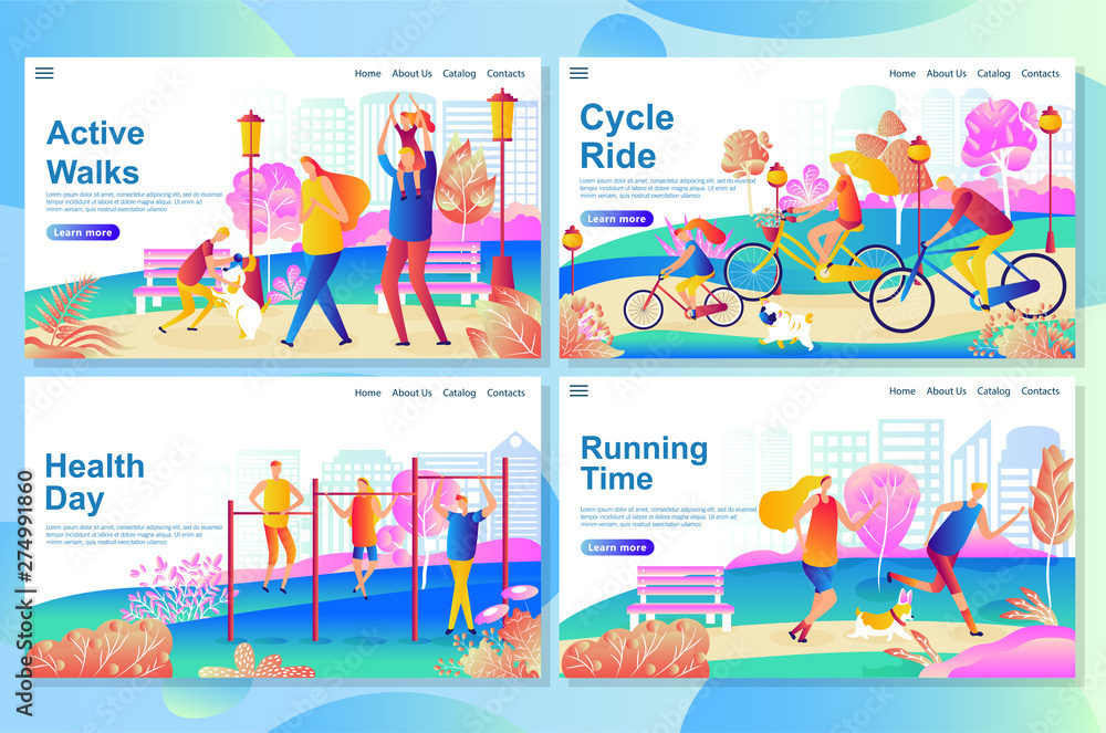 Health day concept. Happy Family walk in the park, resting and playing with the dog. Spending great time together outdoors. Web landing page design template Health day concept. Happy Family walk in the park, resting and playing with the dog. Spending great time together outdoors. Web landing page design template