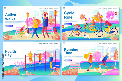 Health day concept. Happy Family walk in the park, resting and playing with the dog. Spending great time together outdoors. Web landing page design template