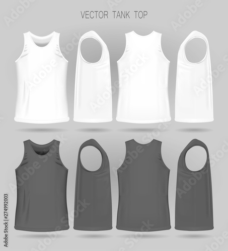 Men's white and gray tank top template in three dimensions: front, side and back view. Blank of realistic male sport shirts