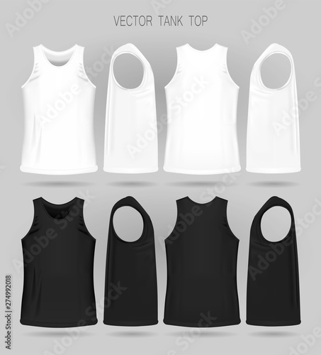 Men's white and black tank top template in three dimensions: front, side and back view. Blank of realistic male sport shirts