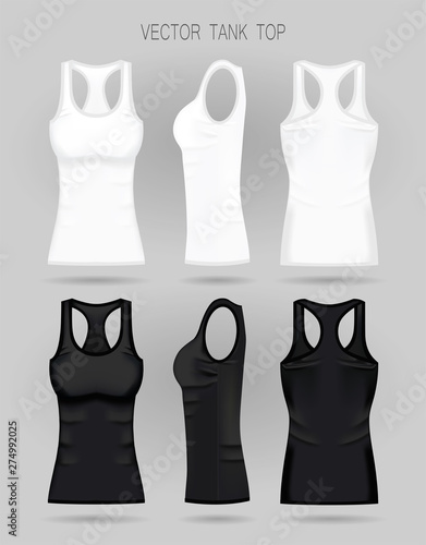 Blank women's white and black tank top in front, back and side views. Vector illustration. Realistic female sport shirts