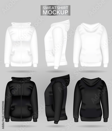 Blank women's white and black sweatshirt hoodie in front, back and side views. Vector illustration. Realistic female clothes for sport and urban style