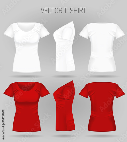 Blank women's white and red t-shirt in front, back and side views. Vector illustration. Realistic female sport shirts