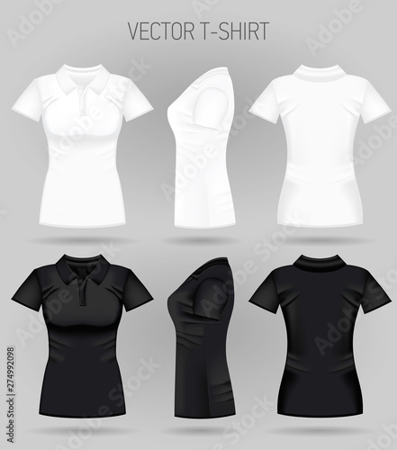 Blank women's white and black short sleeve polo shirt in front, back and side views. Vector illustration. Realistic female t-shirts