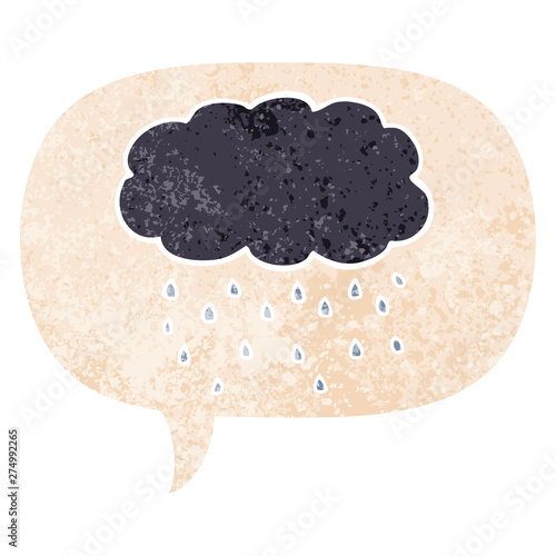 cartoon cloud raining and speech bubble in retro textured style