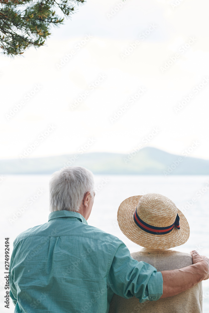 Rear view of affectionate senior spouses sitting in front of lake