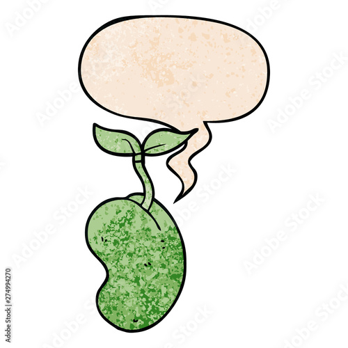 cartoon sprouting seed and speech bubble in retro texture style