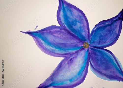 Child's Flower Watercolor Painting Purple and blue blends together in this child's painting Childhood art. Creative arts and crafts.