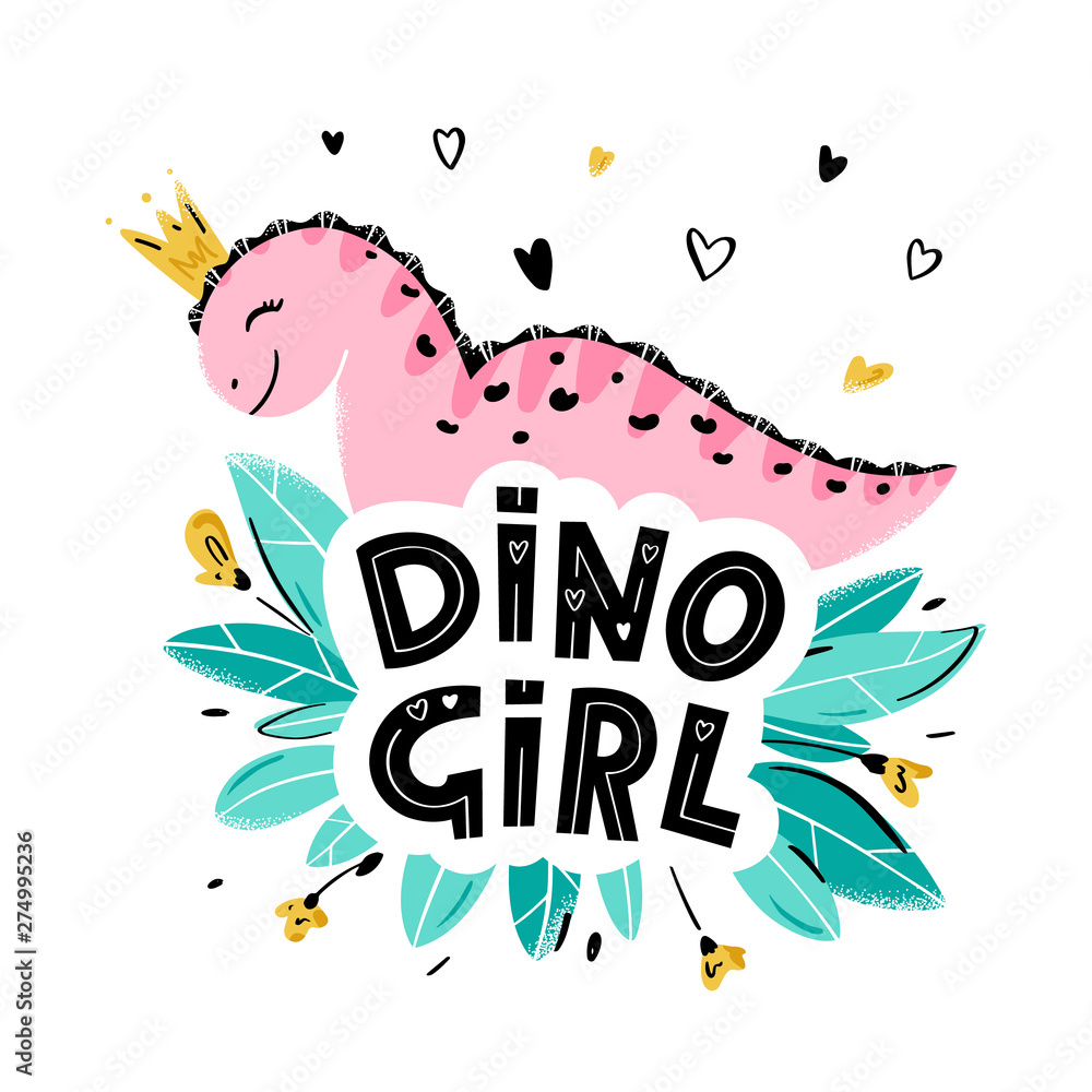 Pink dinosaur girl on the background of hearts, flowers and leaves ...