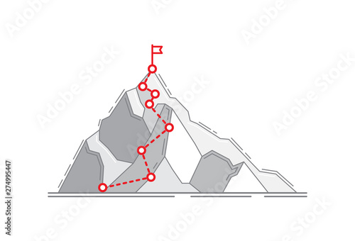 Mountain climbing route to peak business journey path in progress to success