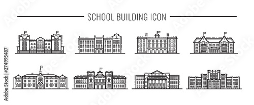Building high school of the American or European, Asia line art vector icons