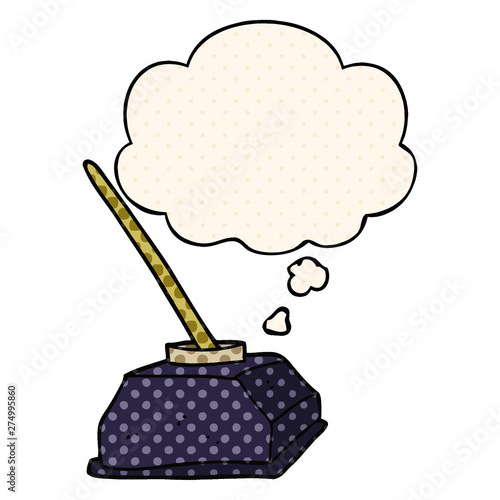 cartoon old ink pot and pen and thought bubble in comic book style
