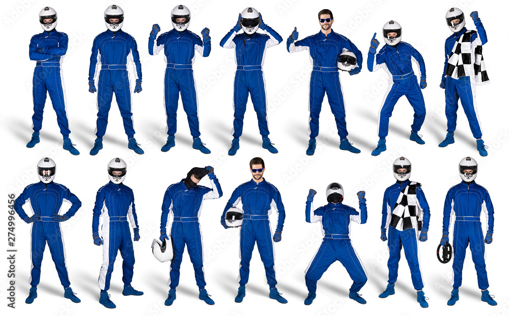 © stockphoto-graf - Set Collection of race driver with blue overall saftey crash helmet and chequered checkered flag isolated white background. motorsport car racing sport concept © stockphoto-graf - Set Collection of race driver with blue overall saftey crash helmet and chequered checkered flag isolated white background. motorsport car racing sport concept