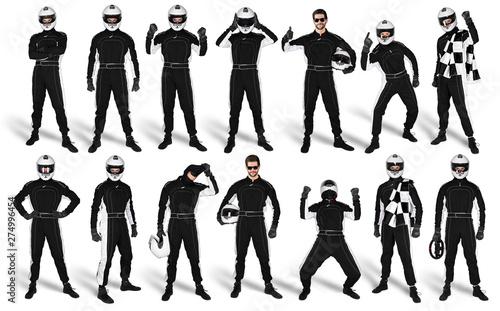 Set Collection of race driver with black overall saftey crash helmet and chequered checkered flag isolated white background. motorsport car racing sport concept © stockphoto-graf
