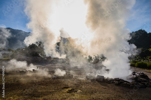 Volcanic eruption of hot steam in Furnas, Sao Miguel island, Azores archipelago