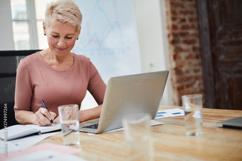 Obraz premium Portrait of smiling mature businesswoman working in office sitting at table in conference room, copy space