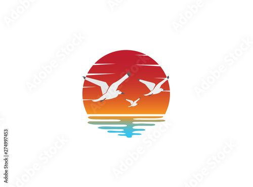 sunset and seagulls in the beach for logo design illustration