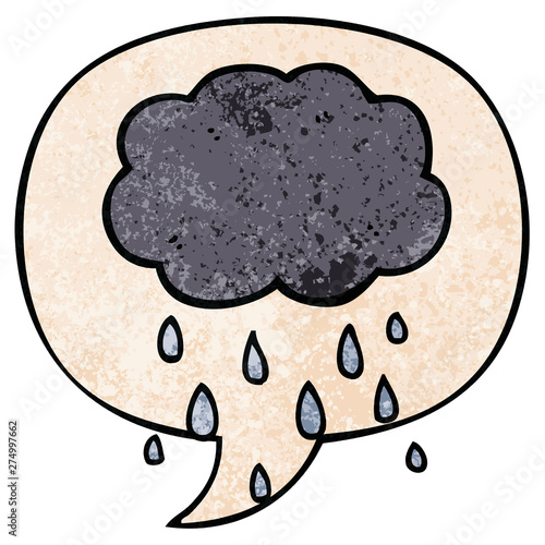 cartoon cloud raining and speech bubble in retro texture style
