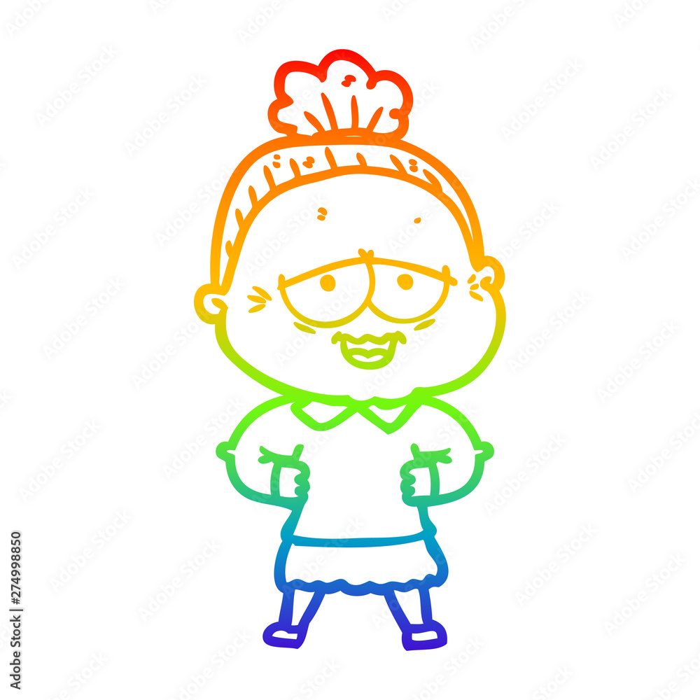 rainbow gradient line drawing cartoon happy old lady