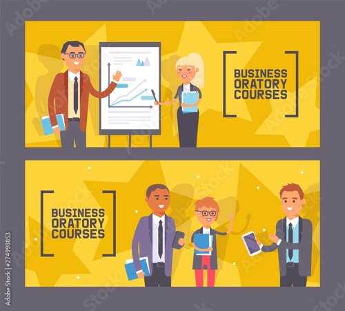 Business oratory courses set of banners vector illustration. Woman and man standing near presentation with chart with pointer, people with notebooks. Person holding tablet gadget.