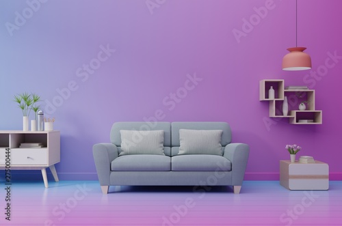 Modern living room interior with sofa and green plants lamp table on Glowing wall background. 3d rendering