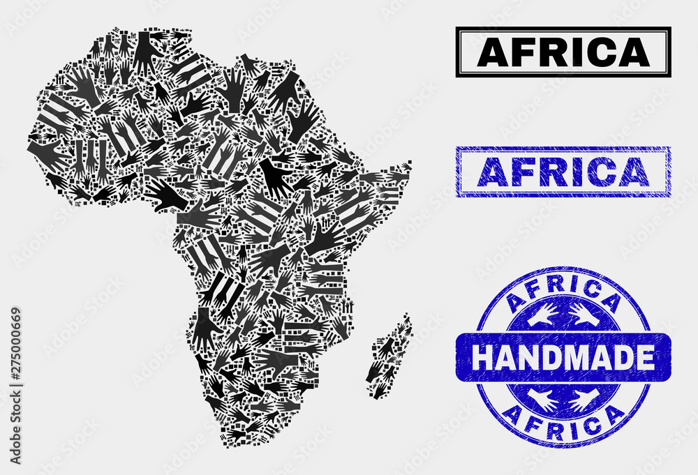 Vector handmade composition of Africa map and rubber seals. Mosaic Africa map is constructed of randomized hands. Blue seals with scratched rubber texture. Vector handmade composition of Africa map and rubber seals. Mosaic Africa map is constructed of randomized hands. Blue seals with scratched rubber texture.