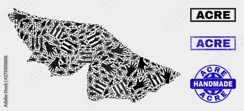 Vector handmade composition of Acre State map and rubber watermarks. Mosaic Acre State map is made of randomized hands. Blue watermarks with scratched rubber texture.