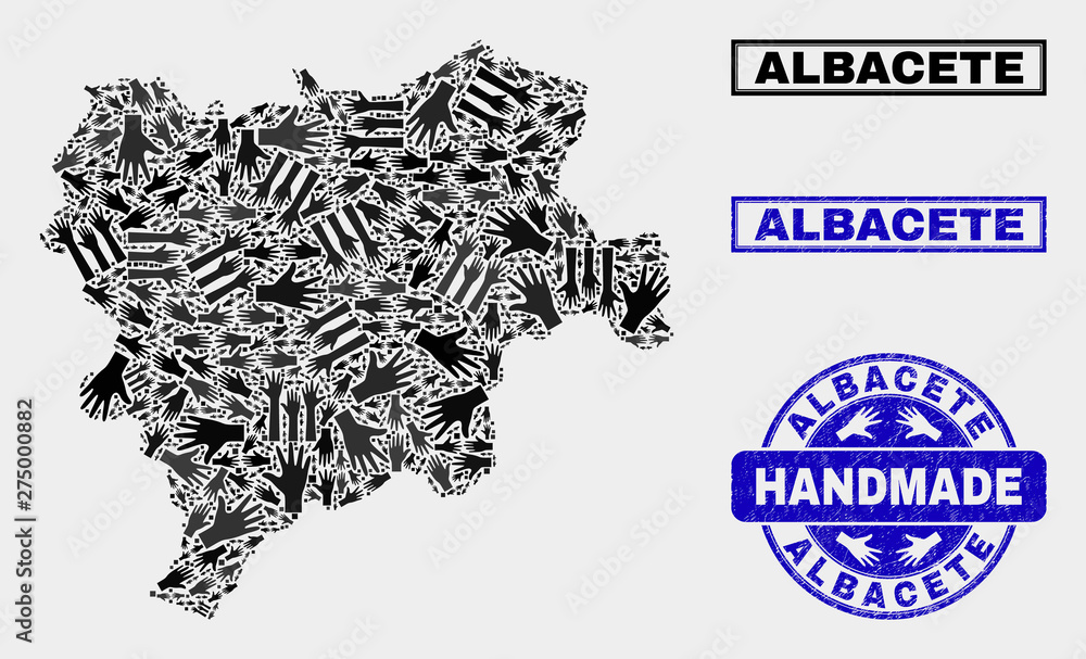 Vector handmade combination of Albacete Province map and rubber seals. Mosaic Albacete Province map is formed of random hands. Blue seals with grunge rubber texture. Vector handmade combination of Albacete Province map and rubber seals. Mosaic Albacete Province map is formed of random hands. Blue seals with grunge rubber texture.