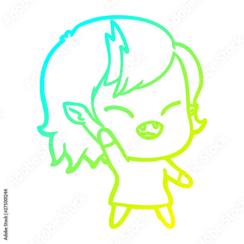 cold gradient line drawing cartoon laughing vampire girl waving