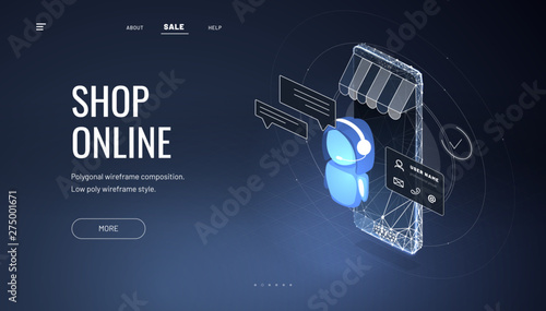 Customer service online store. Smartphone - internet shop. Isometric smartphone with awning and chat bot. Web page design templates for call center support. Abstract isolated on blue background.