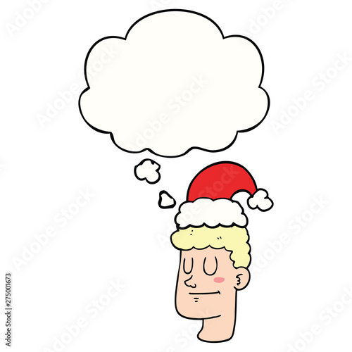 cartoon man wearing christmas hat and thought bubble