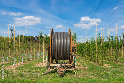 Fototapeta Naklejka Na Ścianę i Meble -  Old rusty irrigation hose reel, Agricultural Travelling Irrigator or Hose Reel Irrigation Sprinkler Machine set up on agricutural land for serving irrigation system of farm in countryside of Germany.