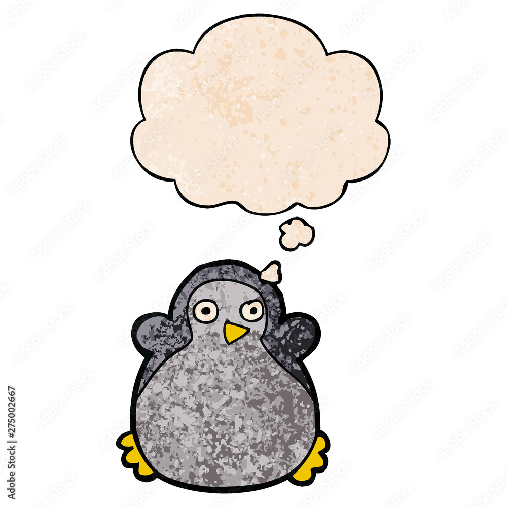 cartoon penguin and thought bubble in grunge texture pattern style