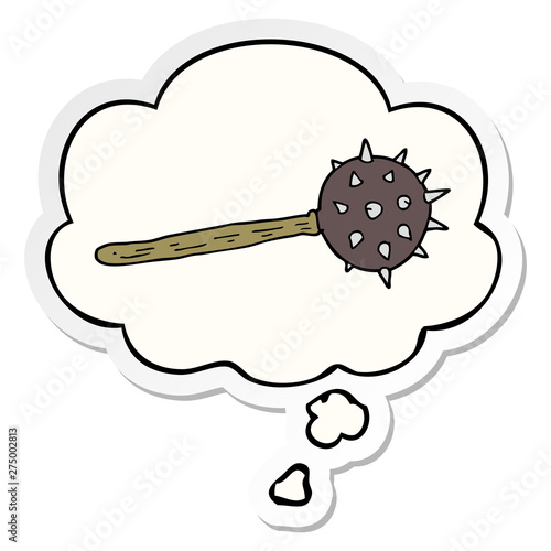cartoon medieval mace and thought bubble as a printed sticker