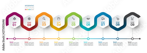 Hexagon label with color line linked infographics.