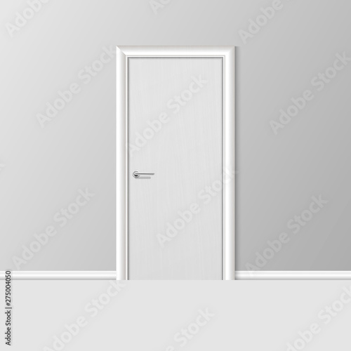Fototapeta Naklejka Na Ścianę i Meble -  Vector Realistic 3d Simple Modern White Closed Door with Frame on Grey Wall in the Empty Room. Interior Design Element. Design Template for Graphics