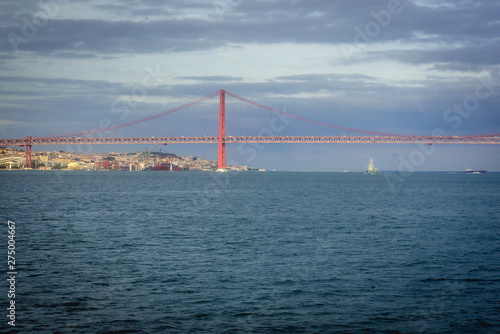 Bridge of 25th April over Tagus river in Lisbon city in Portugal