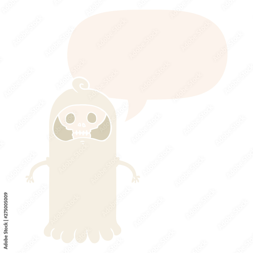 cartoon spooky skull ghost and speech bubble in retro style cartoon spooky skull ghost and speech bubble in retro style