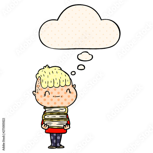 cartoon friendly boy with books and thought bubble in comic book style