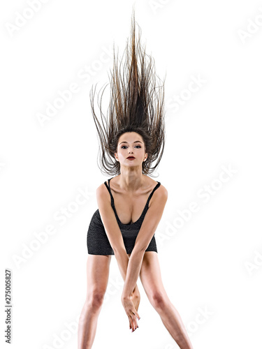 one young beautiful long hair caucasian woman disco happy dancer dancing studio shot isolated on white background
