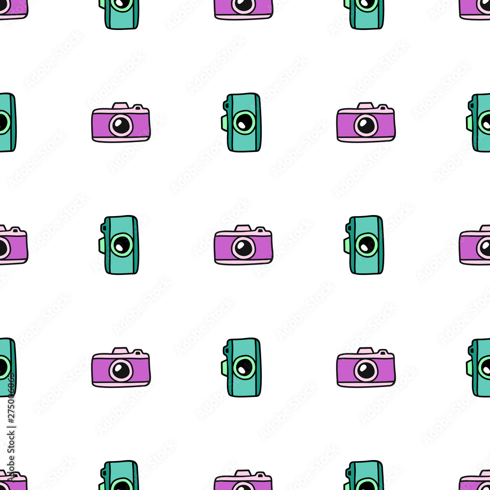 Hand Draw Camera Seamless Pattern. Vector Endless background in Doodle style. Hand Draw Camera Seamless Pattern. Vector Endless background in Doodle style.