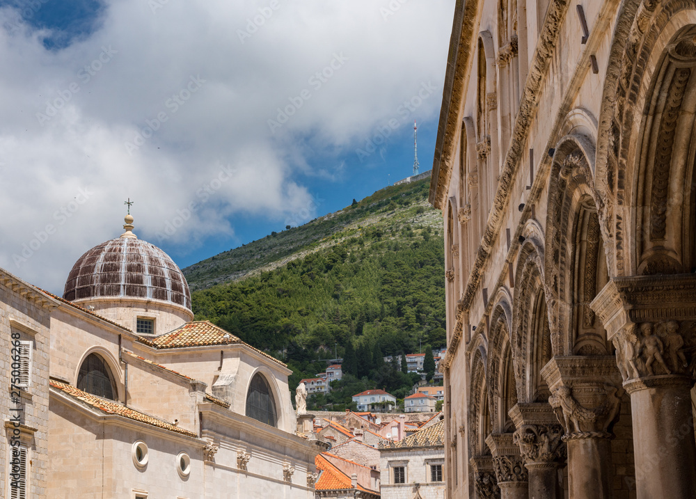 Dome on St Blaise church with Rector's palace entrance in the old town of Dubrovnik in Croatia