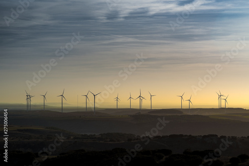 landscape windmill horizon sunset clouds