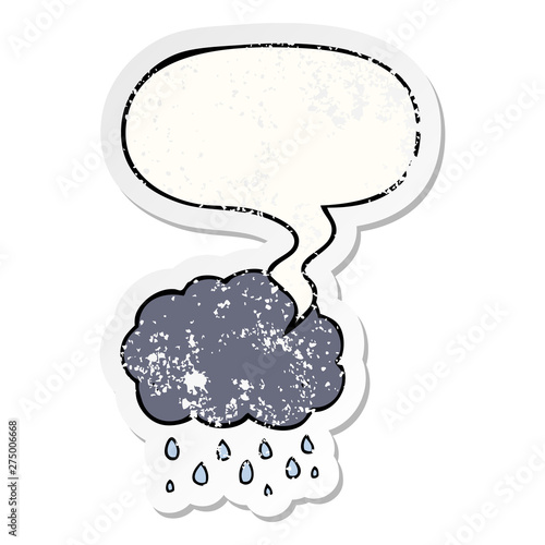 cartoon cloud raining and speech bubble distressed sticker